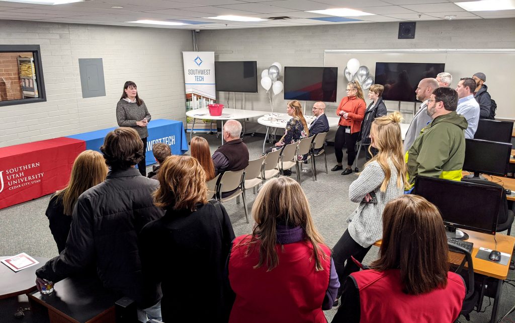 Pam Branin presents at the STECH Hope Pantry Ribbon Cutting