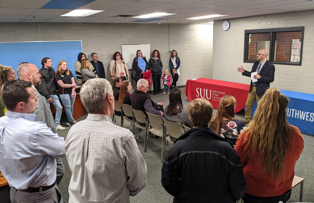 President Wood presents at the STECH Hope Pantry Ribbon Cutting